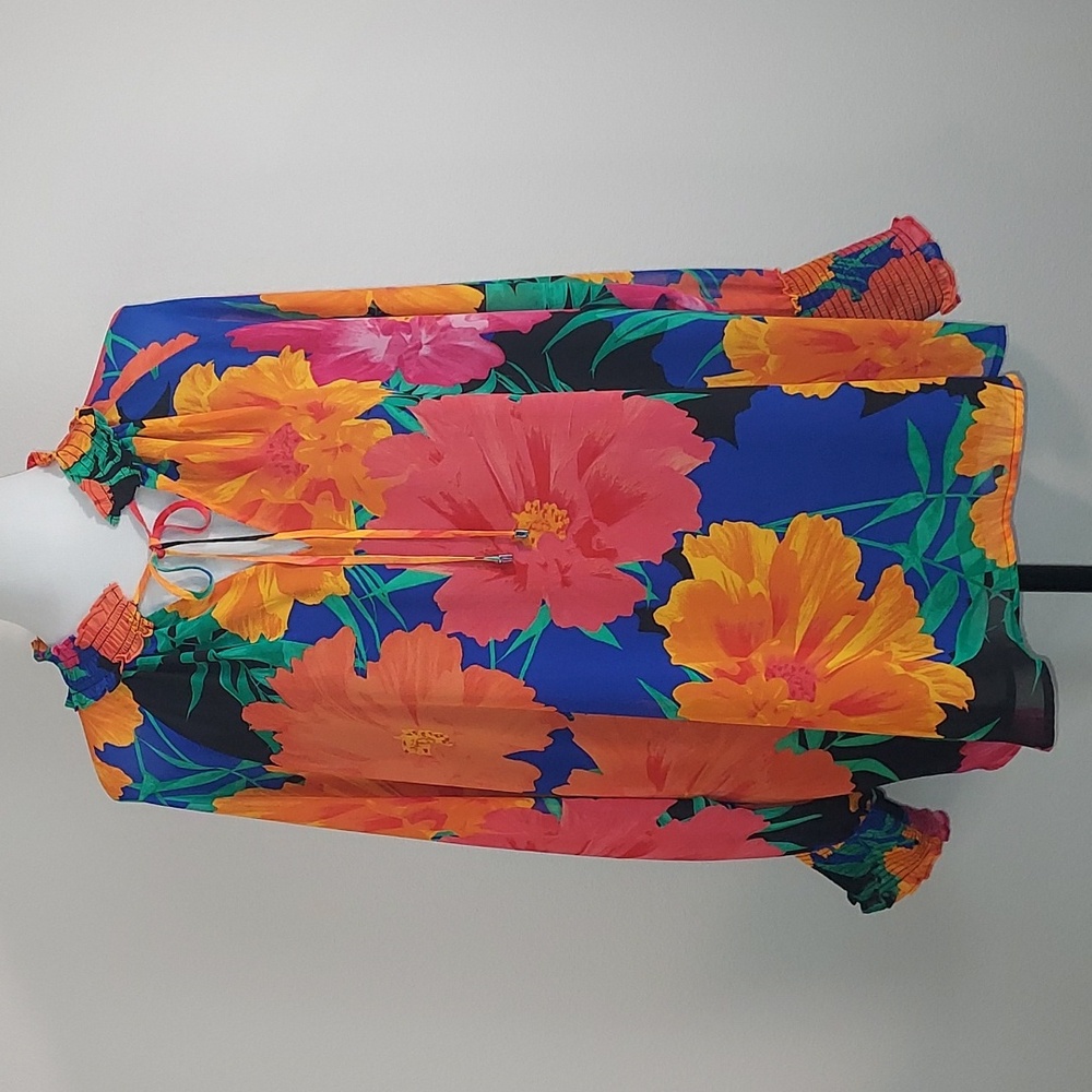Calvin Klein Orange Blue Floral Chiffon Long Sleeve Tie Neck Blouse Size 0X